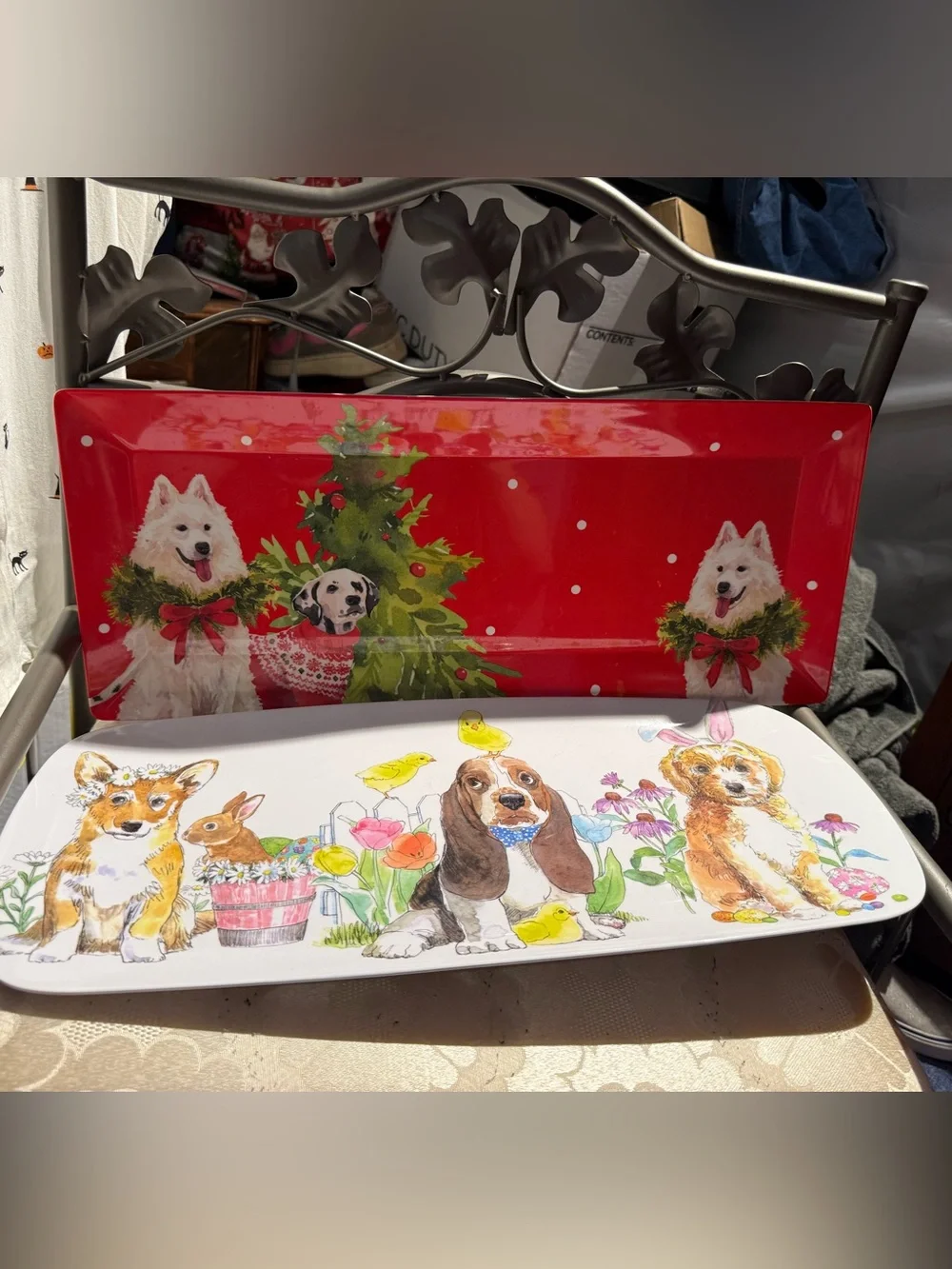 Set of 2 Red Holiday Dog-Themed and spring time Decorative Serving Tray